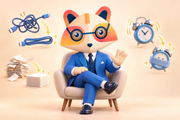 The Huru mascot sitting calmly in an armchair with a raised hand, surrounded by small icons of a tangled cable becoming straight, messy papers becoming a neat stack and a ringing alarm clock being quieted