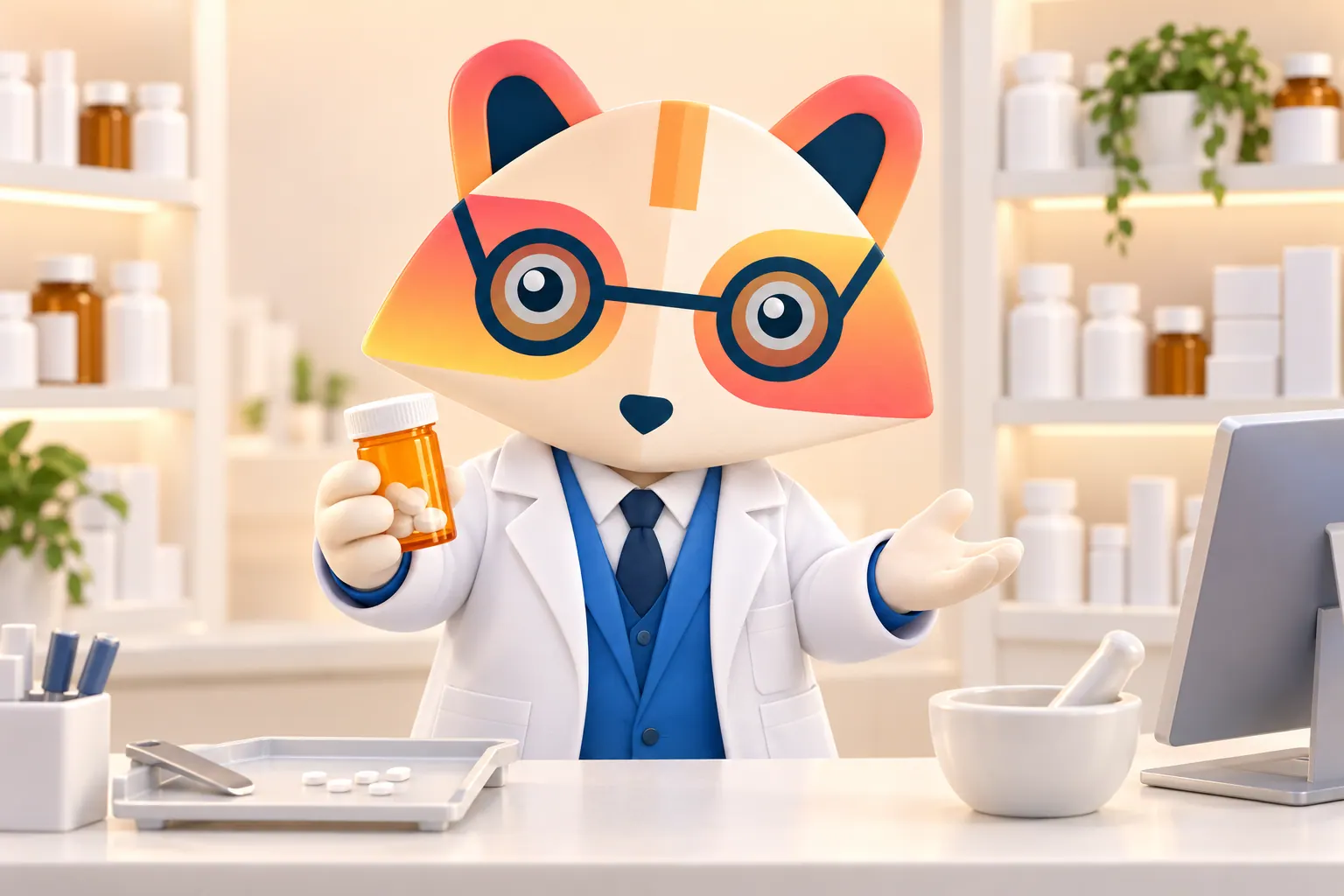 The Huru mascot in a white coat at a pharmacy counter holding an amber prescription bottle and gesturing to explain, with a pill-counting tray, a mortar and pestle and shelves of bottles