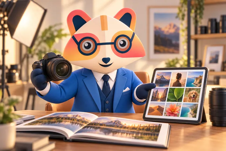 The Huru mascot holding a camera and pointing to a tablet showing a grid of landscape, portrait and nature photos, with an open photo book on the table and a softbox light behind