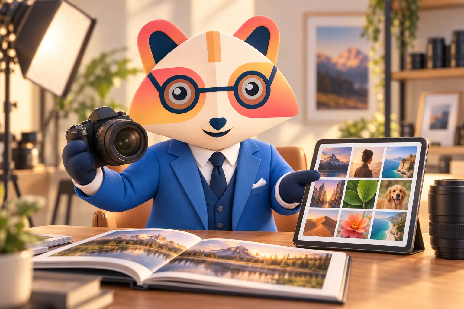 The Huru mascot holding a camera and pointing to a tablet showing a grid of landscape, portrait and nature photos, with an open photo book on the table and a softbox light behind