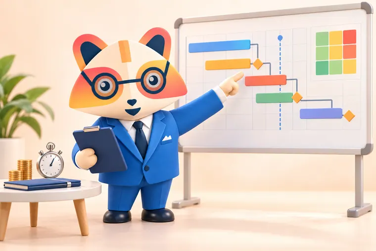 The Huru mascot holding a clipboard and pointing at a milestone on a Gantt chart board with a risk grid, next to a stopwatch, coins and a notebook