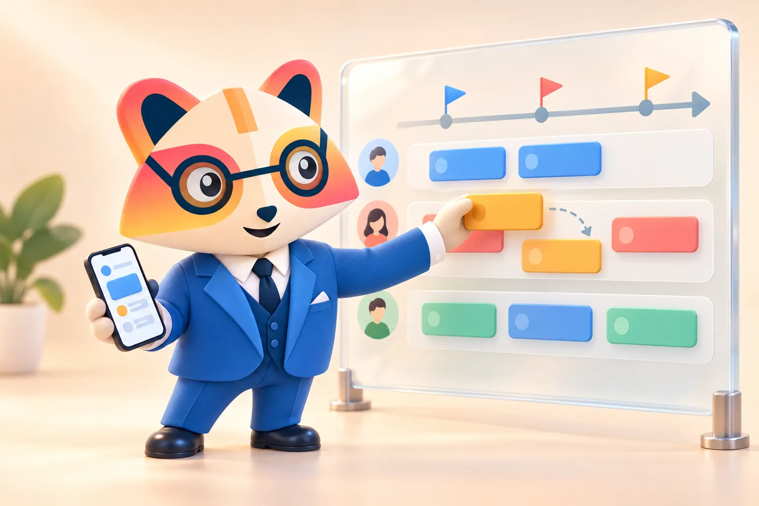 The Huru mascot holding a phone and moving an amber card on a glass roadmap board with swimlanes, user icons and milestone flags