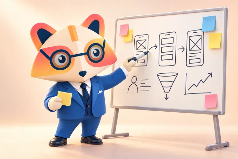 The Huru mascot drawing an arrow between phone wireframes on a whiteboard with a user persona, a funnel and a rising line chart, holding a sticky note