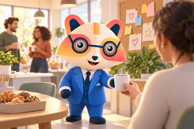 The Huru mascot handing a cup of coffee to a colleague in a bright office kitchen, with a cork board of sticky notes and heart and star cards, a box of pastries and two colleagues chatting behind