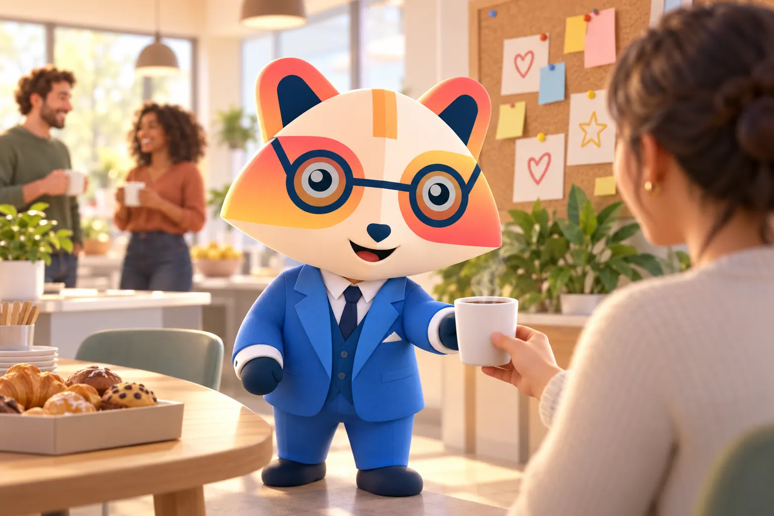 The Huru mascot handing a cup of coffee to a colleague in a bright office kitchen, with a cork board of sticky notes and heart and star cards, a box of pastries and two colleagues chatting behind