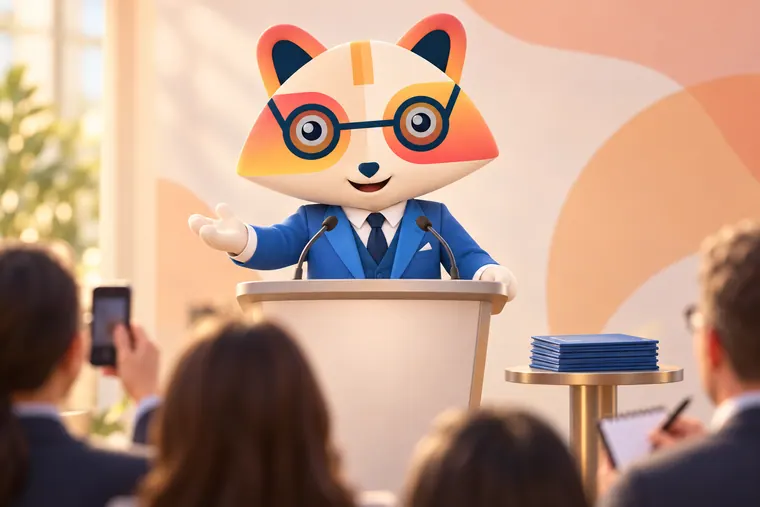 The Huru mascot speaking at a podium with two microphones, gesturing openly to reporters holding phones and notepads, with a stack of press kit folders on a side table