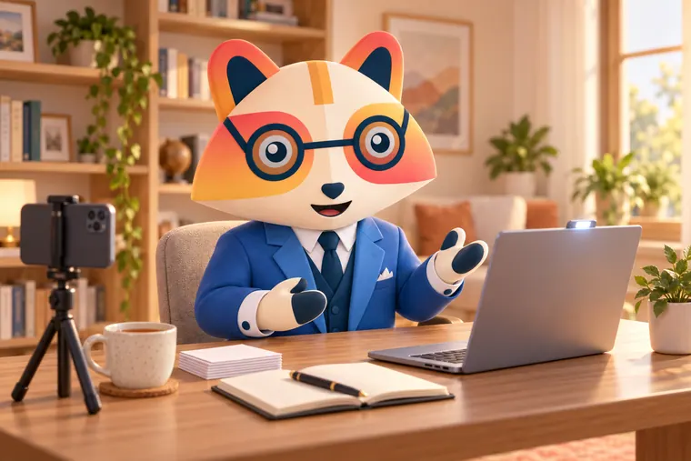 The Huru mascot practicing at a home desk, speaking toward a laptop with its camera light on while a phone on a tripod records, with index cards, an open notebook and a cup of tea
