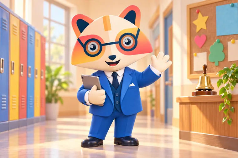 The Huru mascot in a school hallway with colorful lockers, holding a tablet and waving, with a bell and a bulletin board nearby