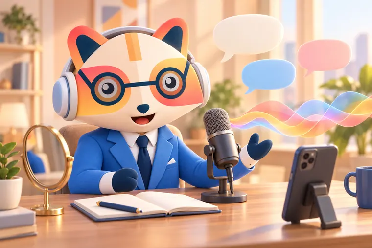 The Huru mascot wearing headphones and speaking into a desk microphone, with colorful sound waves and empty speech bubbles floating beside it, a mirror, an open notebook and a phone recording on the desk
