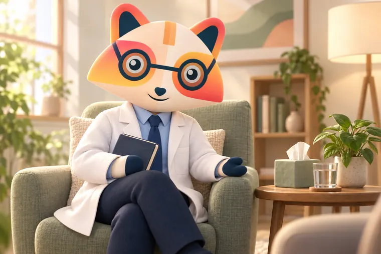 The Huru mascot in a white coat sitting in an armchair in a calm consultation room, listening attentively, with tissues, water and a plant nearby