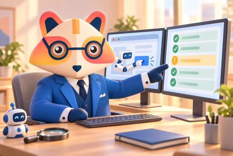 The Huru mascot at a desk pointing at a monitor of green test results with one amber failure, beside a screen where a small robot arm clicks a web page button, with a toy robot and magnifying glass on the desk