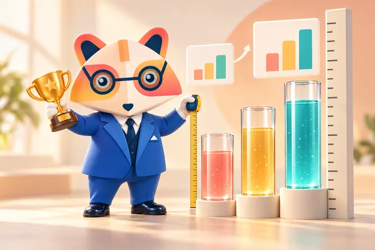 The Huru mascot holding a trophy and measuring three glass columns filled to different heights with coral, amber and teal liquid, next to a tall ruler and a before-and-after pair of bar charts