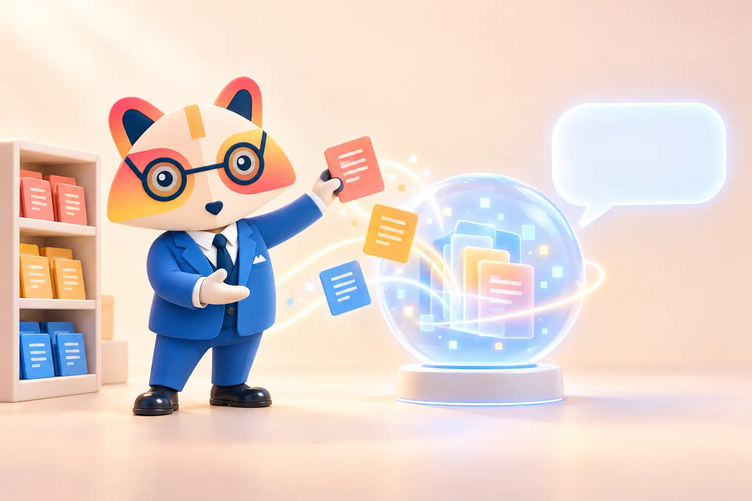 The Huru mascot guiding floating document cards from a shelf into a glowing sphere that produces a speech bubble