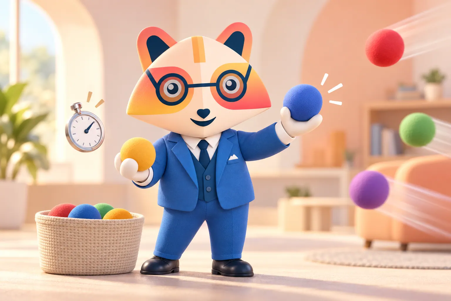 The Huru mascot calmly catching colorful foam balls flying toward it, holding one in each hand, with a stopwatch floating nearby and a basket of caught balls at its feet