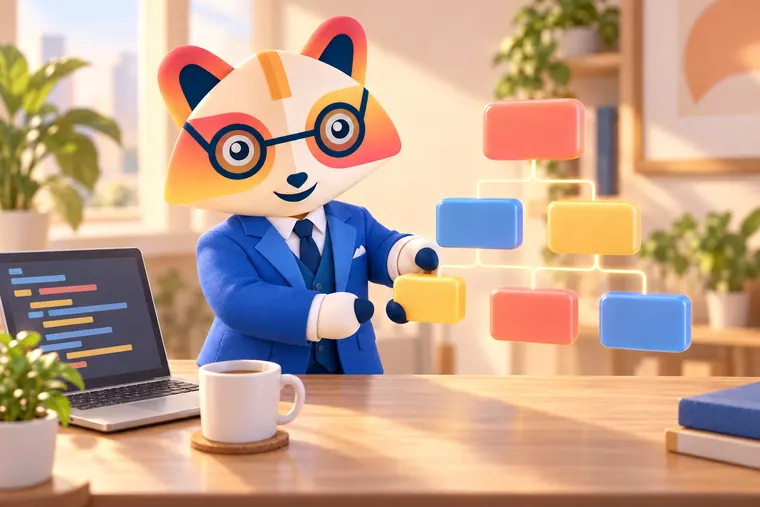 The Huru mascot places the last block into a floating tree of colored component blocks, next to a laptop showing code