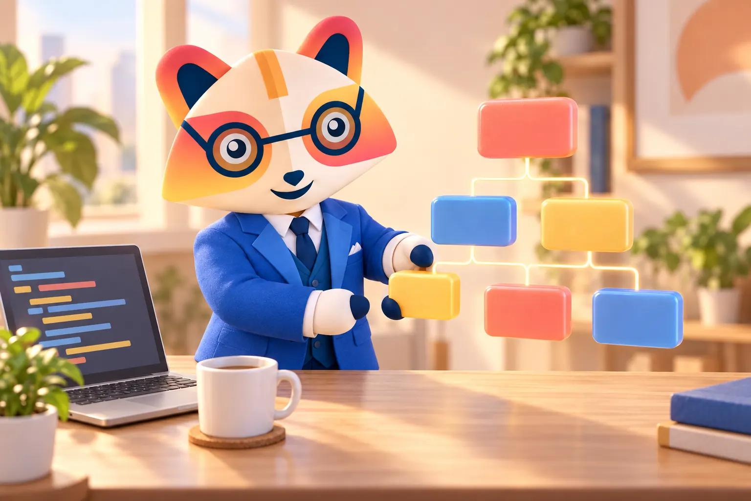 The Huru mascot places the last block into a floating tree of colored component blocks, next to a laptop showing code