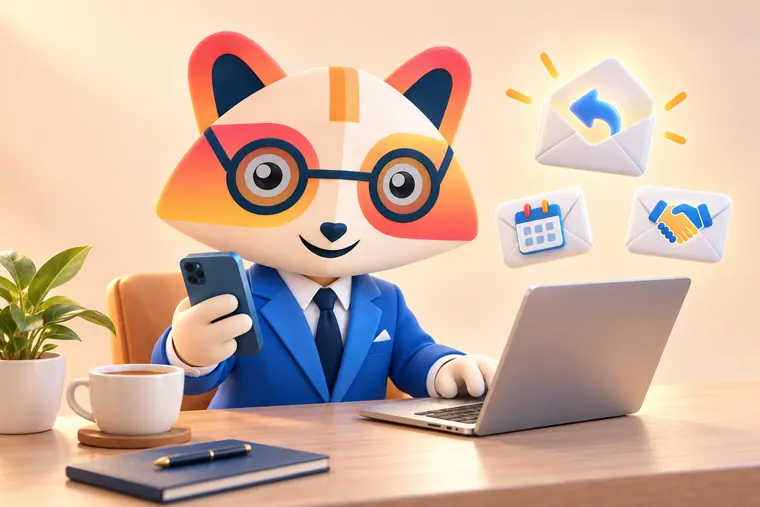 The Huru mascot at a desk typing on a laptop and holding a phone, with floating envelope icons showing a reply arrow, a calendar and a handshake
