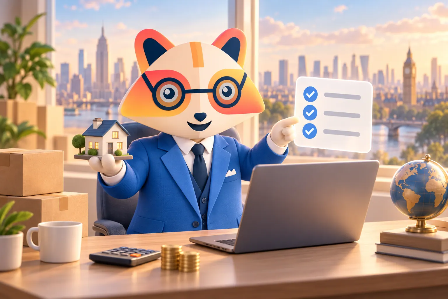 The Huru mascot on a video call at a desk holding a small model house and gesturing to a checklist, with moving boxes, a globe, a calculator and coins, and two city skylines outside the window