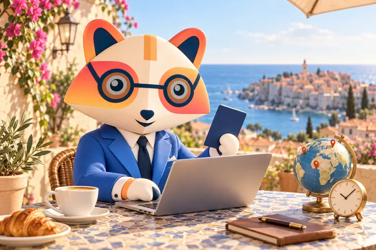 The Huru mascot working on a laptop and holding a passport at a café table on a sunny Mediterranean terrace, with a globe, a clock and a seaside old town behind