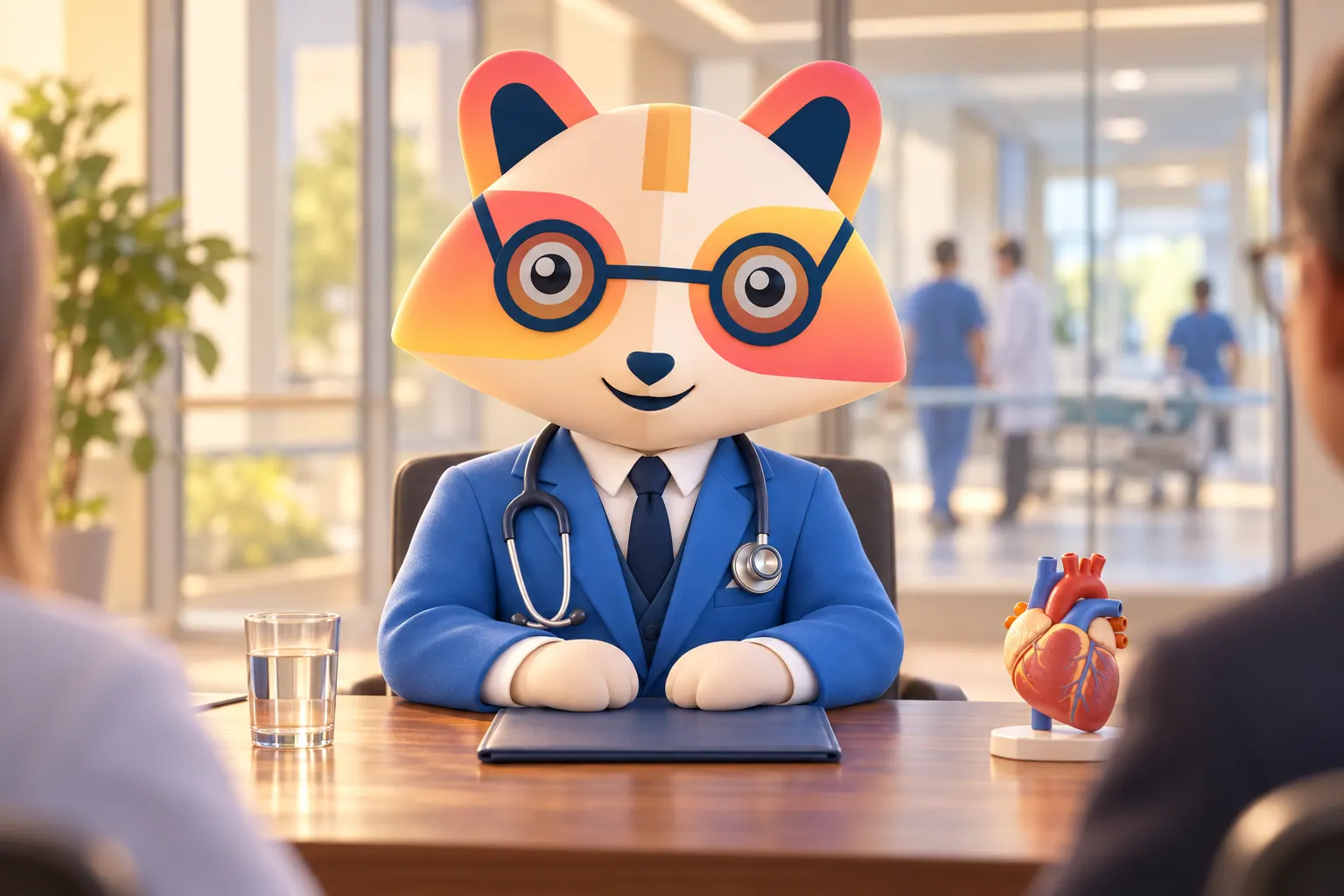 The Huru mascot in a suit with a stethoscope around its neck, sitting at a conference table with a folder, a glass of water and a model heart, facing two interviewers in a bright hospital meeting room
