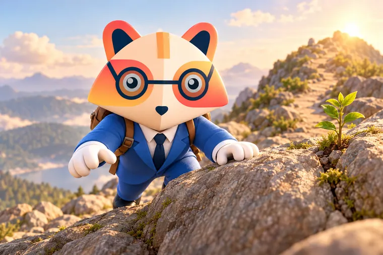 The Huru mascot in a blue suit with a backpack climbing over a large boulder on a mountain trail, with a sapling growing from a crack in the rock and a sunlit ridge ahead