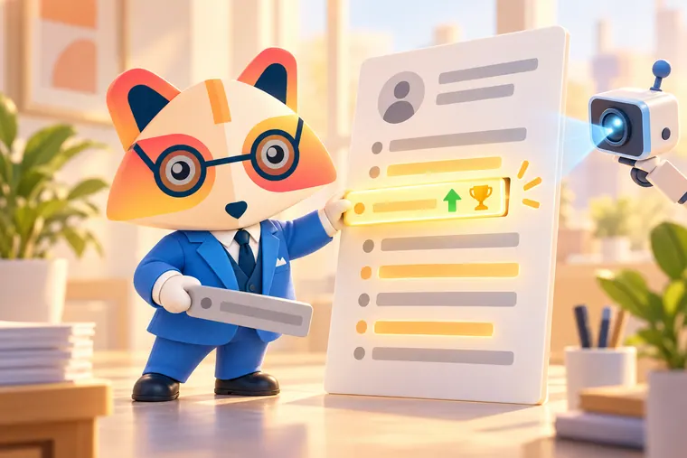 The Huru mascot replacing a dull grey bullet line on a giant resume page with a glowing bar showing a green arrow and a trophy, while a small friendly scanner reads the page