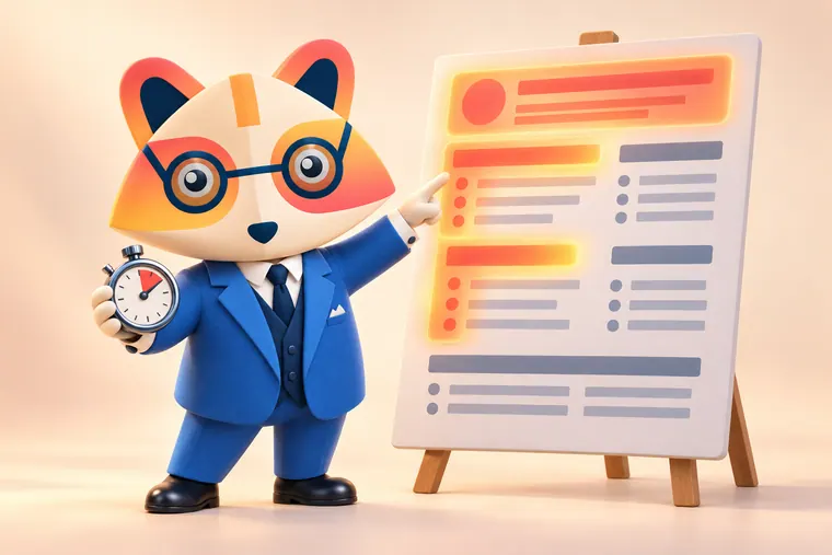 The Huru mascot holding a stopwatch and pointing at a resume on an easel with an orange heat map highlighting the top section and the left side in an F shape