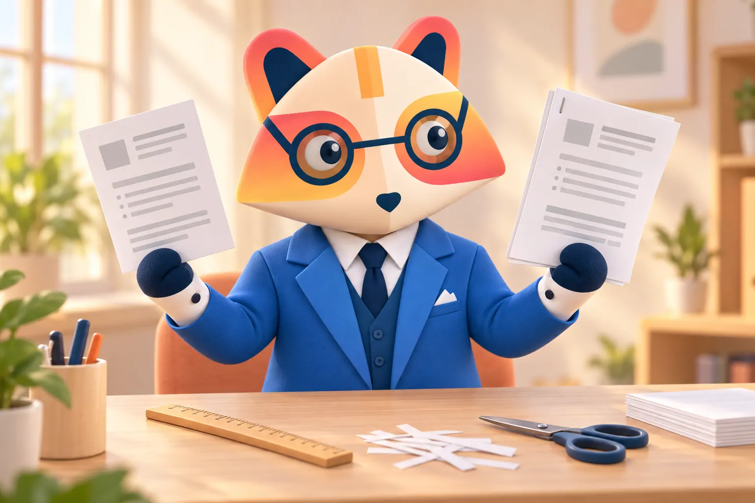 The Huru mascot at a desk weighing a one-page resume in one hand against a stapled two-page resume in the other, with a ruler, scissors and trimmed paper strips on the desk
