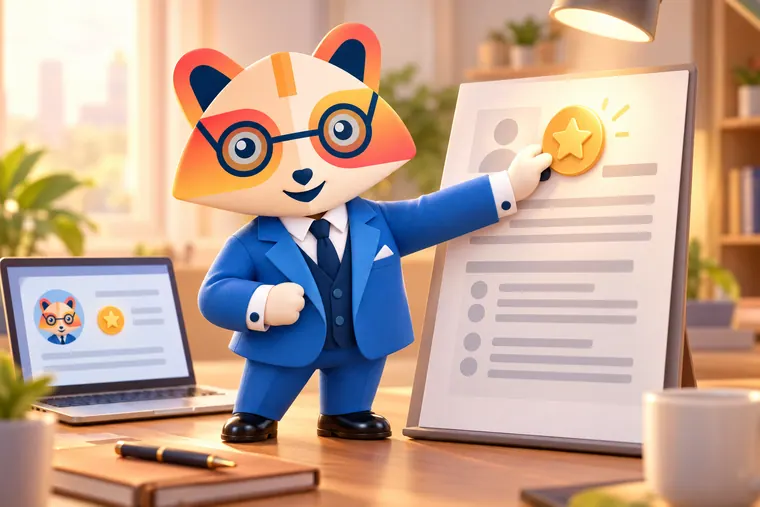 The Huru mascot placing a glowing star badge on the header of a large resume page, with a laptop nearby showing a matching profile card with the same star