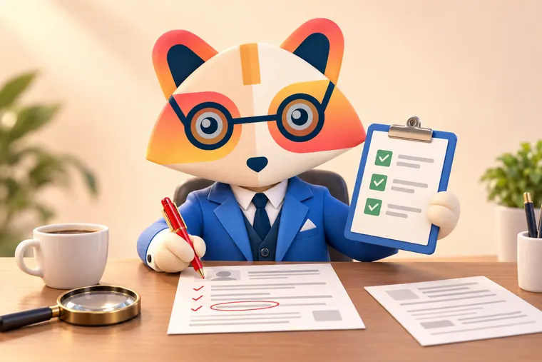 The Huru mascot at a desk marking a resume with a red pen and holding up a clipboard checklist with green ticks, next to a magnifying glass and coffee