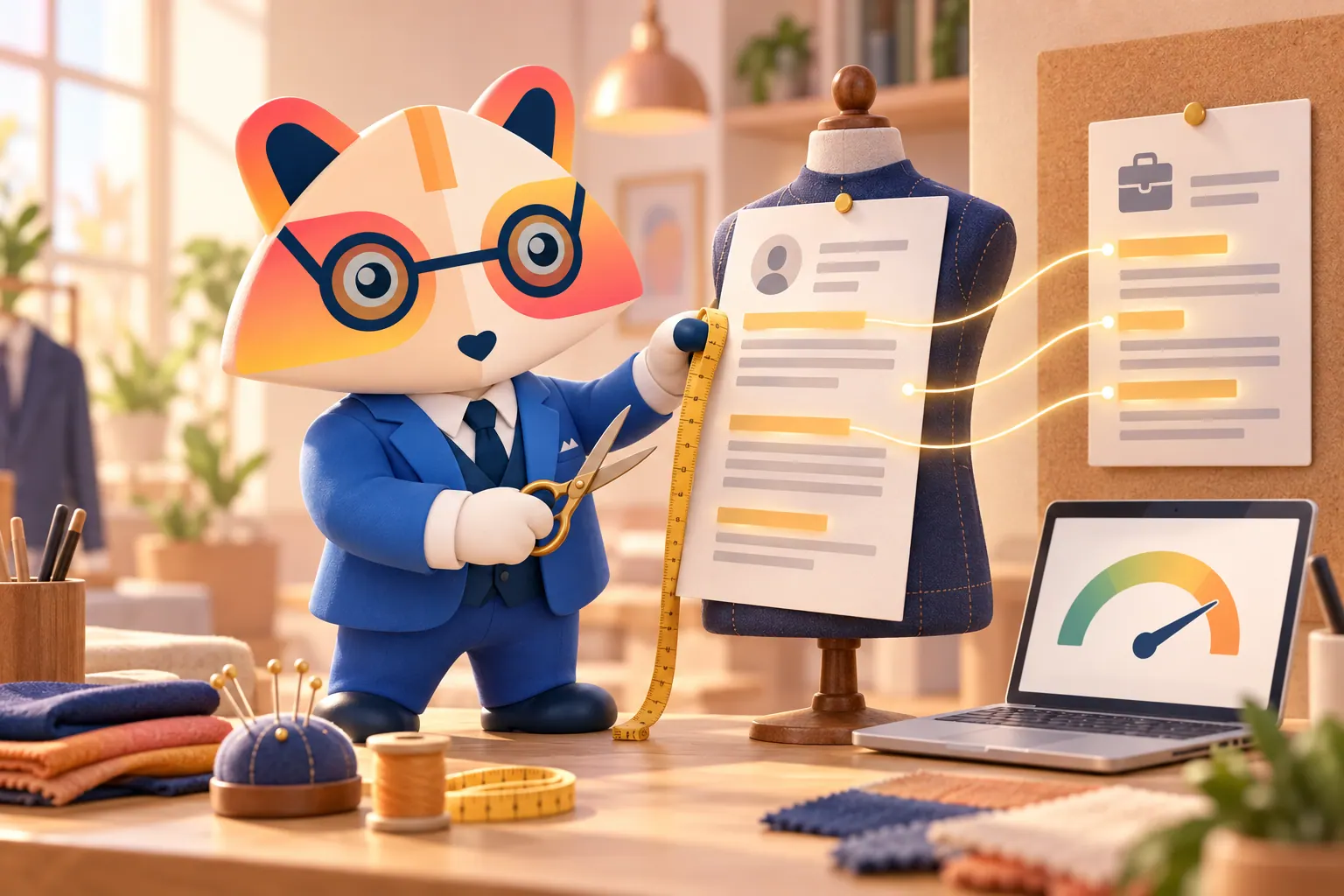 The Huru mascot at a tailor's bench with scissors and a measuring tape, adjusting a resume pinned to a dress form, with glowing lines linking it to a job posting and a laptop showing a high score gauge
