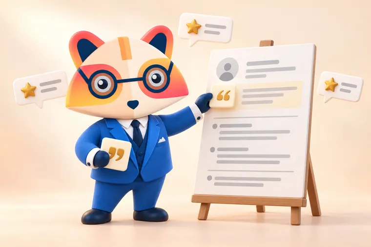 The Huru mascot placing a gold quotation-mark card into a highlighted spot near the top of a resume on an easel, with star speech bubbles floating nearby