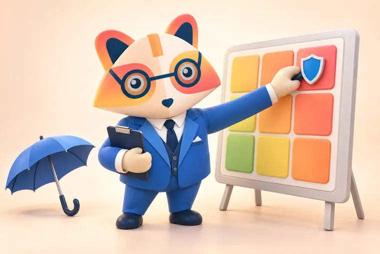 The Huru mascot holding a clipboard and placing a blue shield token on the red corner of a green-to-red risk matrix board, with a small blue umbrella on the floor