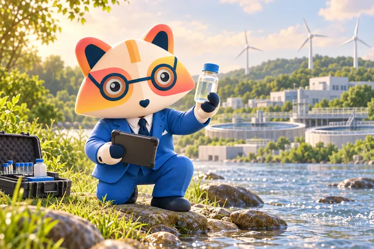 The Huru mascot kneeling by a river holding up a water sample bottle and a field tablet, with a sampling kit on the grass, a water treatment plant and wind turbines in the background