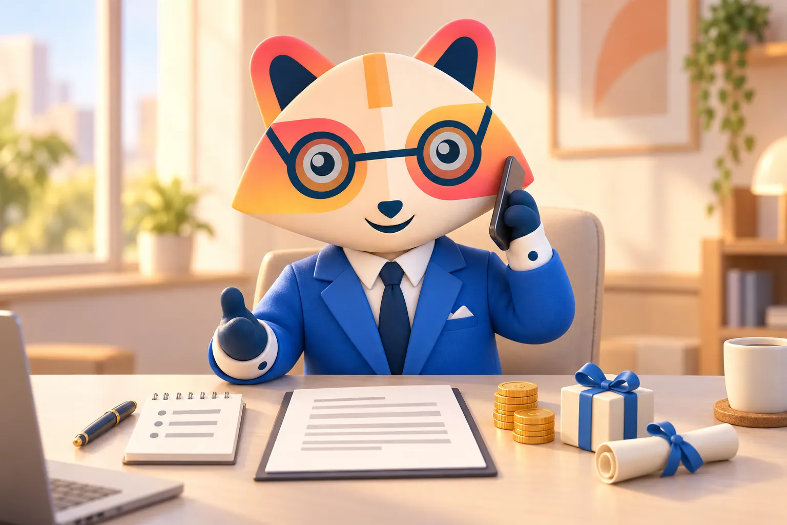 The Huru mascot smiling on a phone call at a desk with an offer letter, a notepad with three bullet points, a stack of coins, a small gift box and a rolled certificate tied with a ribbon