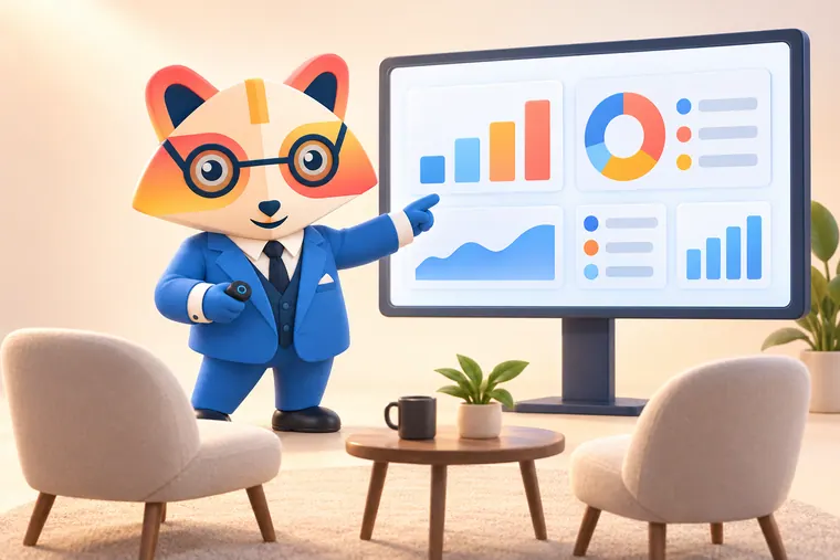 The Huru mascot with a presentation clicker pointing at a software dashboard on a large screen, with two armchairs and a coffee table in front