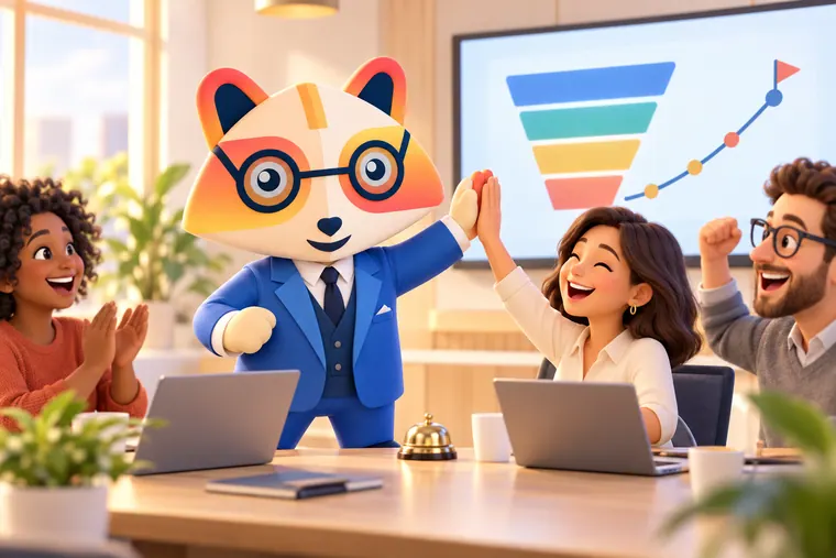 The Huru mascot high-fiving a smiling team member in a meeting room while colleagues cheer, with a screen showing a sales funnel and a rising line to a target flag and a brass bell on the table