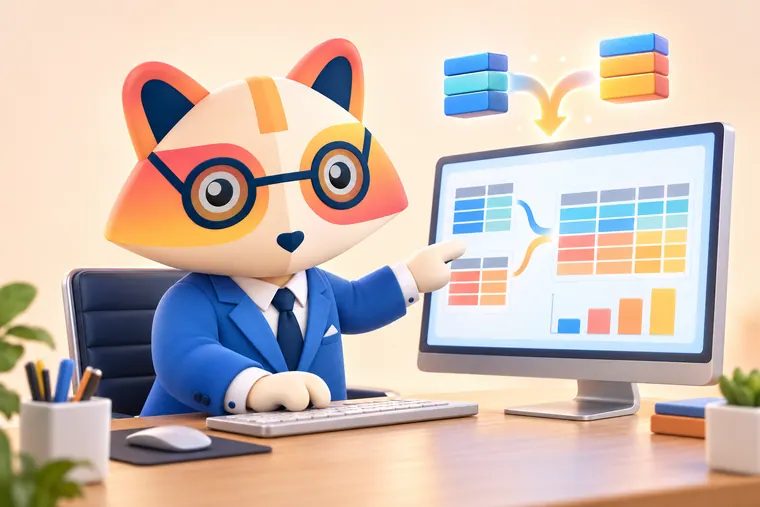 The Huru mascot at a desk pointing at a monitor where two small colored tables merge into one larger table next to a bar chart, with two stacks of blocks joining above