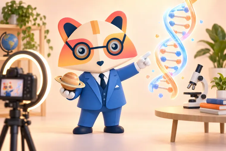 The Huru mascot in a small studio pointing at a glowing DNA double helix and holding a ringed planet model, in front of a camera with a ring light, with a microscope and books on a table