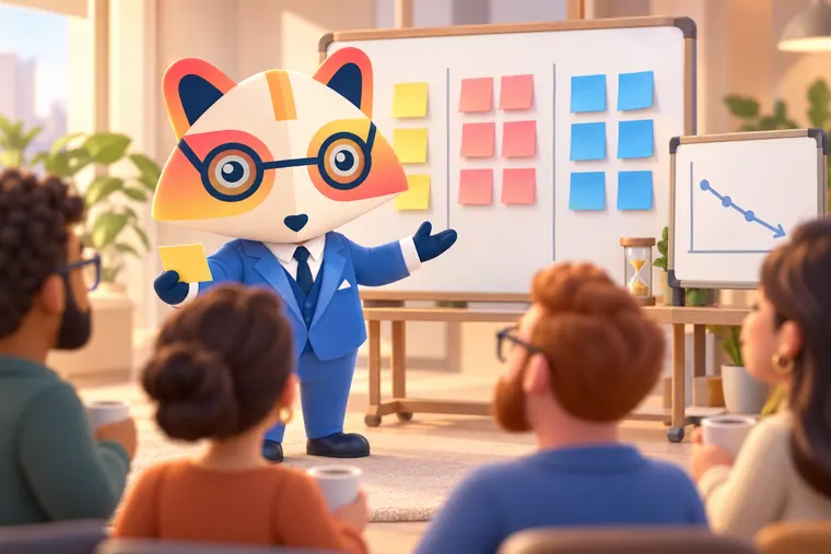 The Huru mascot facilitating a stand-up beside a three-column board of colorful sticky notes and a small chart with a downward line, with team members holding coffee cups and a sand timer on a shelf