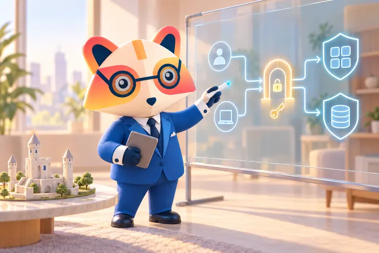 The Huru mascot drawing a zero trust diagram on a glass board, with user and laptop icons passing through a padlocked checkpoint to apps and a database each inside a shield, and a castle model on a side table