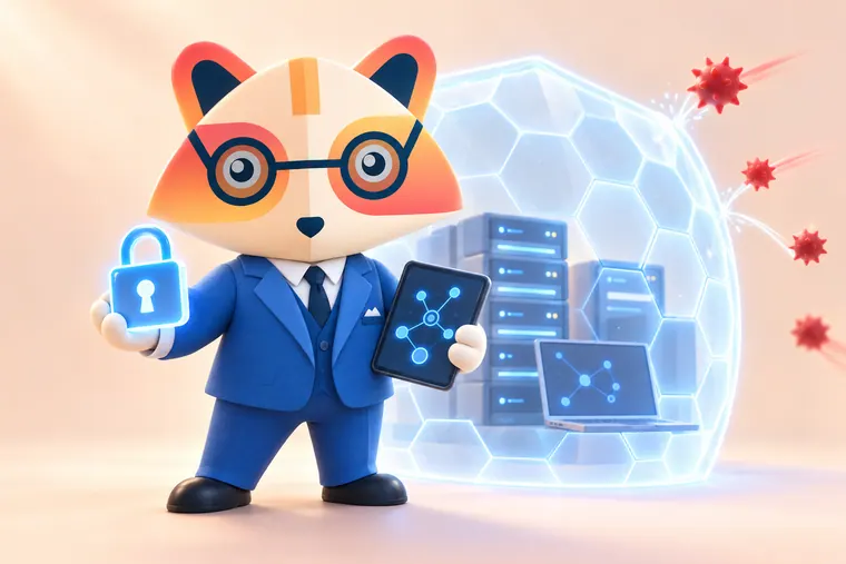 The Huru mascot holding a glowing padlock and a tablet with a network diagram in front of a hexagonal shield protecting servers and a laptop, with red threats bouncing off