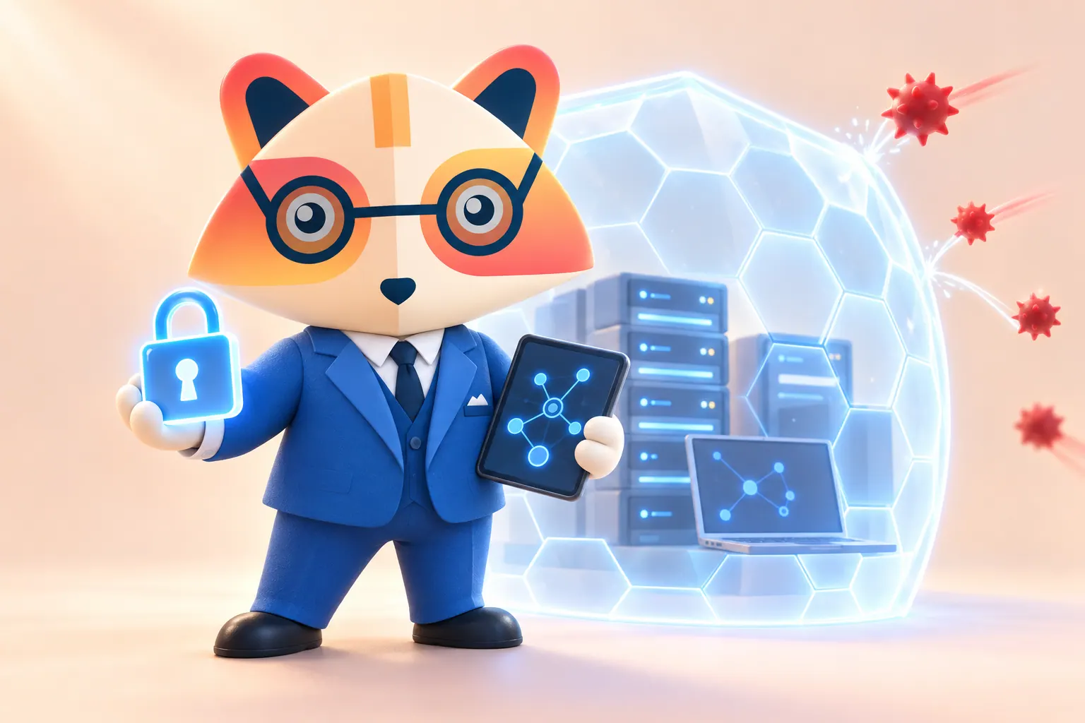 The Huru mascot holding a glowing padlock and a tablet with a network diagram in front of a hexagonal shield protecting servers and a laptop, with red threats bouncing off