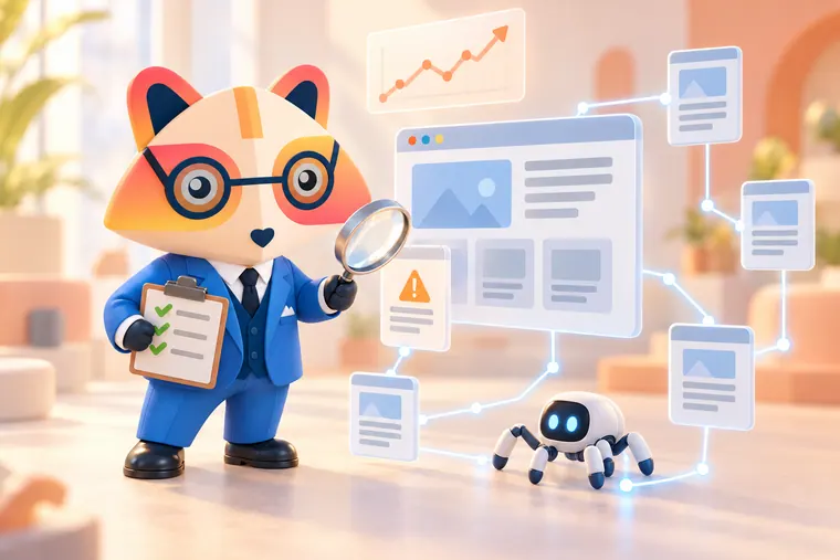 The Huru mascot holding a checklist and a magnifying glass, inspecting a page card with a warning sign in a glowing site map of linked page wireframes, while a small spider-like crawler robot walks the links