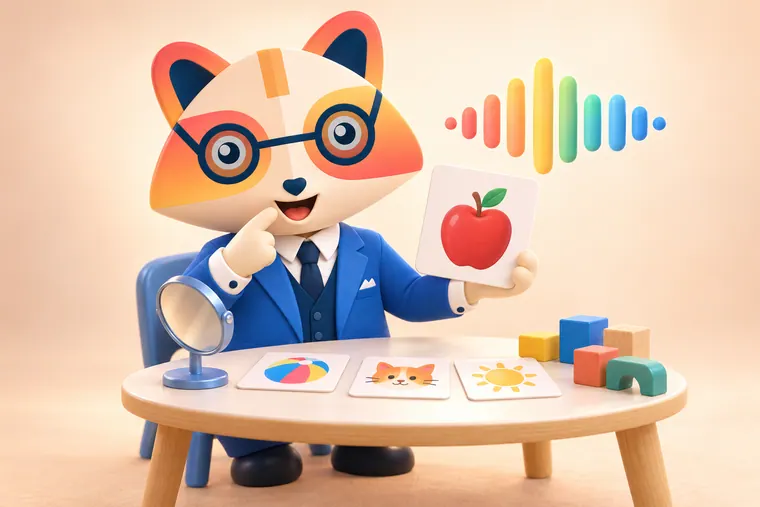 The Huru mascot at a small round table holding up a picture card of an apple and pointing to its mouth, with a mirror, picture cards and blocks on the table and a colorful sound wave above