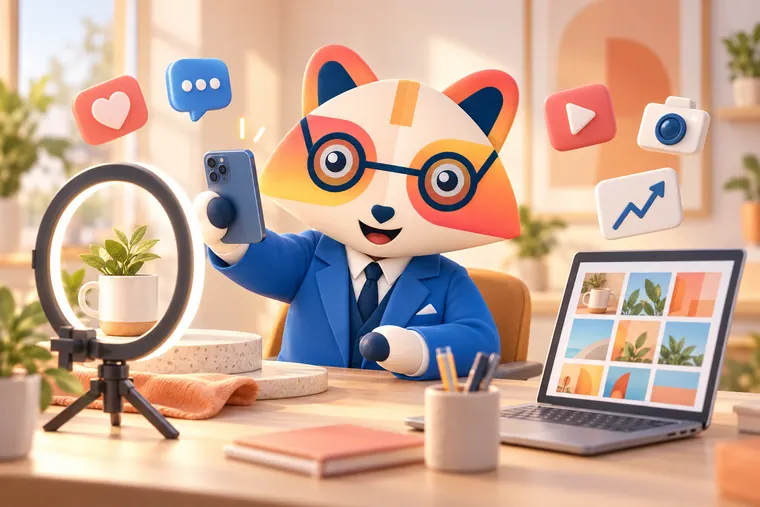 The Huru mascot at a desk filming a styled coffee cup and plant on a ring light stand with its phone, surrounded by floating heart, comment, play, camera and rising chart icons, with a laptop showing a grid of image tiles
