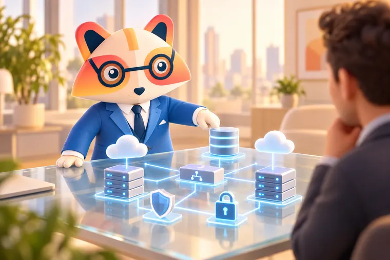 The Huru mascot pointing at a database in a glowing 3D cloud architecture model on a glass table, with servers, a load balancer, a shield and a lock, while a customer looks on