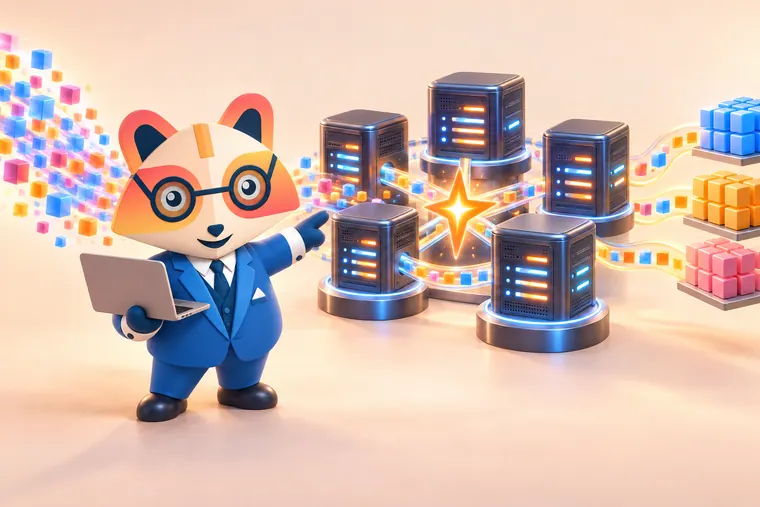 The Huru mascot holding a laptop and pointing at a cluster of glowing server nodes processing a stream of colored cubes into organized stacks around a bright spark
