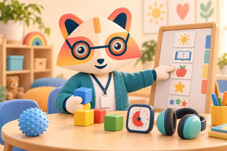 The Huru mascot in a teal cardigan pointing at a picture schedule board while holding a colorful learning block, with a sensory ball, timer and headphones on the table