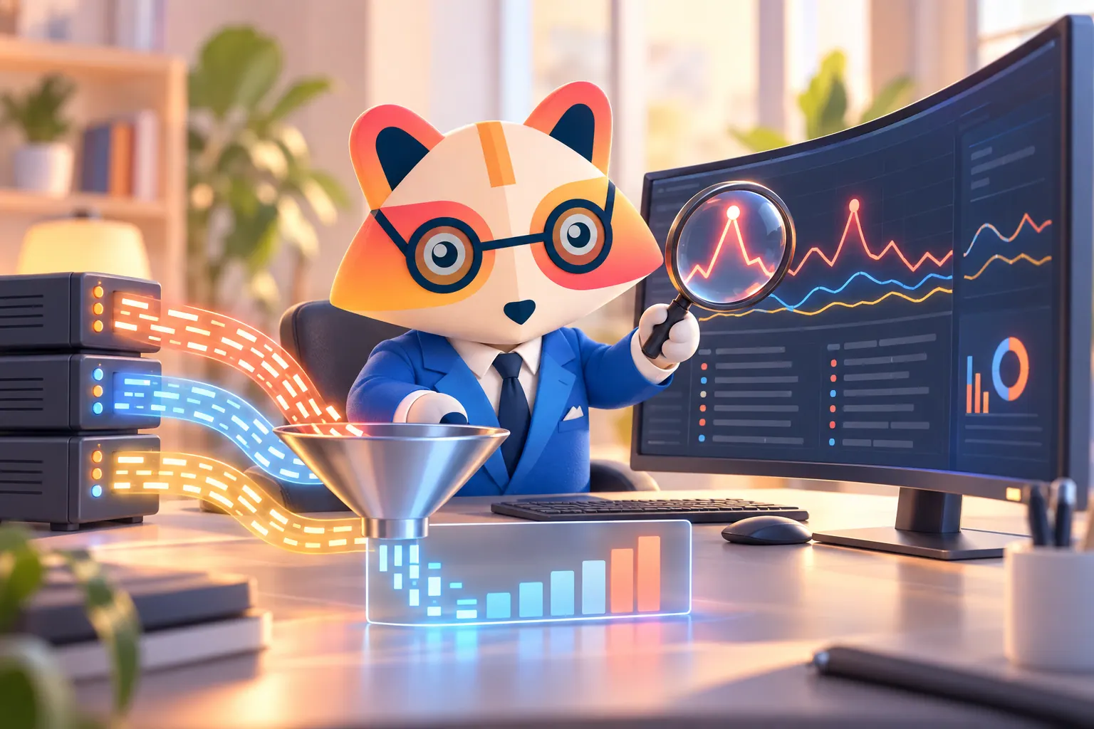 The Huru mascot holding a magnifying glass up to a coral spike on a dark dashboard of line charts, while streams of glowing log strips flow from three servers through a funnel into a bar chart